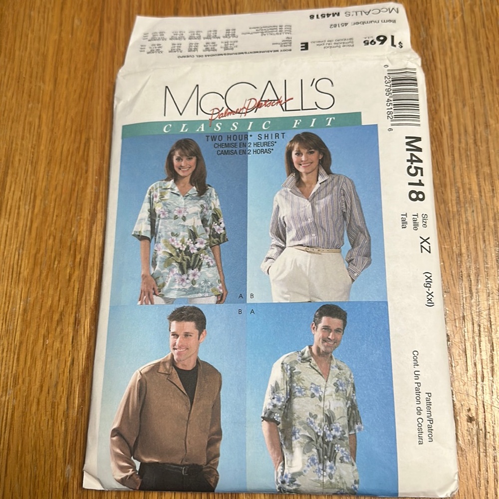 Uncut sewing pattern McCalls 4518 misses, men’s, teen shirts